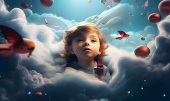 un niño es en el nubes con rojo globos ai generativo foto