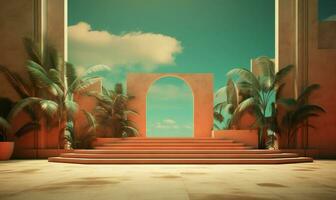 a white room with palm trees and a golden archway product display podium AI Generative photo