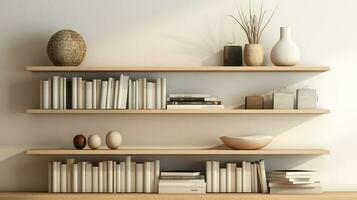 A book shelf with books on the shelves and a plant on the shelf A framed art print hangs on a white wall above a couch AI Generative photo