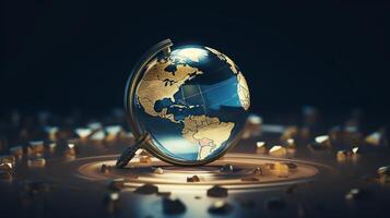 world map in a magnifying glass on a white background photo