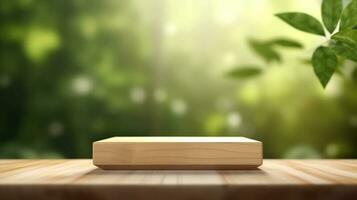 wooden product display podium with blurred nature leav AI Generative photo