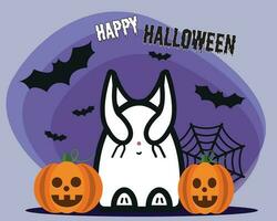 Happy Halloween. The bunny covered his eyes with his ears against a backdrop of bats, spider webs, and pumpkins. vector