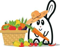 A rabbit in a hat with a carrot in his paws and a big basket full of vegetables. vector