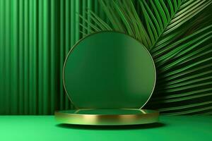 Abstract green background with of palm leaves. Podium for the presentation  of a product. Banner. AI Generative photo