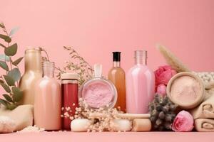 Natural cosmetics ingredients and bathroom or spa acces. AI Generative photo