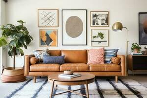 Mid Century Modern Living Room with Leather Sofa.  AI Generative photo