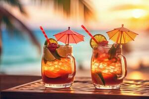 Summer cocktails on luxury tropical beach resort on the Sunset.  AI Generative photo