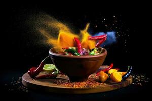 Colorful spices  in wooden bowl and peppers. Spices and seasonings powder splash. AI Generative photo