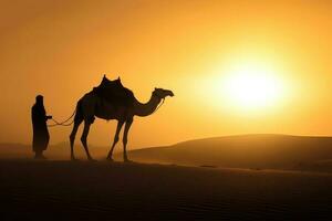 Silhouette man wearing traditional clothes, taking a camel out on the desert sand. AI Generative photo