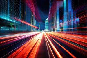 Abstract long exposure dynamic speed light trails in city street. AI Generative photo