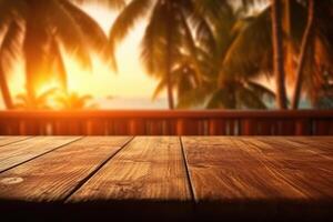 un vacío de madera mostrador mesa parte superior para producto mostrar. tropical verano puesta de sol playa bar antecedentes. ai generativo foto