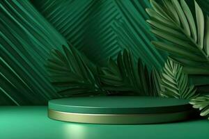 resumen verde antecedentes con de palma hojas. podio para el presentación de un producto. bandera. ai generativo foto