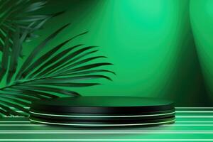 Abstract green background with of palm leaves. Podium for the presentation  of a product. Banner. AI Generative photo