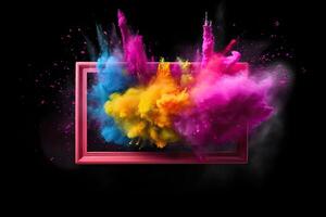 Product display frame with colorful powder paint explosion. photo