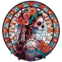 Vibrant Day of the Dead Stained Glass Illustration png, AI Generated png