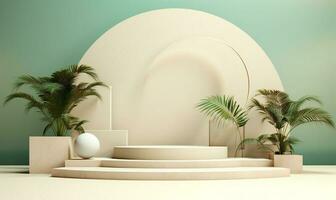 a marble round table with gold accents and plants AI Generative photo