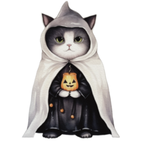 Watercolor halloween cat in witch costume and hat with pumpkin png, AI generative png