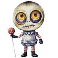 een baby monster Aan halloween karakter Holding een lolly png, ai generatief png