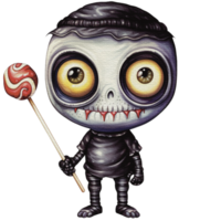 een baby monster Aan halloween karakter Holding een lolly png, ai generatief png