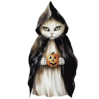 Watercolor halloween cat in witch costume and hat with pumpkin png, AI generative png