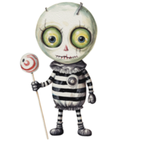 een baby monster Aan halloween karakter Holding een lolly png, ai generatief png