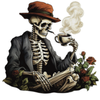 skeleton smoking a pipe on transparent background AI Generative png