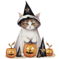 Watercolor halloween cat in witch costume and hat with pumpkin png, AI generative png