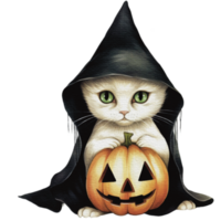 Watercolor halloween cat in witch costume and hat with pumpkin png, AI generative png