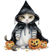 Watercolor halloween cat in witch costume and hat with pumpkin png, AI generative png