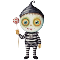 een baby monster Aan halloween karakter Holding een lolly png, ai generatief png