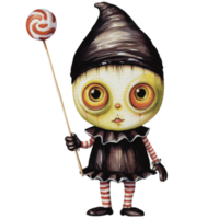 een baby monster Aan halloween karakter Holding een lolly png, ai generatief png