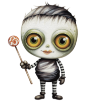 ein Baby Monster- auf Halloween Charakter halten ein Lutscher png, ai generativ png