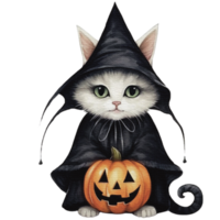 Watercolor halloween cat in witch costume and hat with pumpkin png, AI generative png