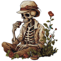 skeleton smoking a pipe on transparent background AI Generative png