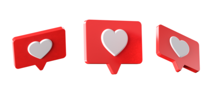 3d render, several red like or love social media icon on isolated background png