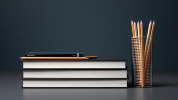 a stack of books and pencils on a table photo