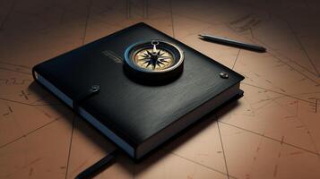 compass and notebook on brown background photo