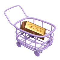 3d shopping cart, basket with gold bar isolated. economic movements or business finance concept, 3d render illustration png