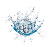 3d ice cubes with water splash transparent, clear blue water scattered around isolated. 3d render illustration png