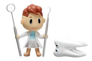 3d miniature cartoon character dentist with dentist mirror, sickle scaler check for cavities, dental examination of the dentist, health of white teeth, oral care 3d render, isolated png