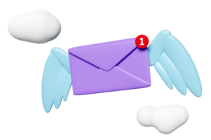 3d Flying closed envelope with wings, cloud isolated. notify newsletter, online incoming email concept, 3d render illustration png