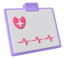 3d medizinisch Checkliste Papier Bericht mit Druck Herz Bewertung isoliert. 3d machen Illustration png