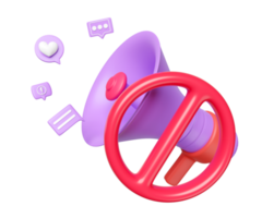 3d megaphone with noise prohibition symbol, chat bubbles isolated. Don't use the sound, 3d render illustration png