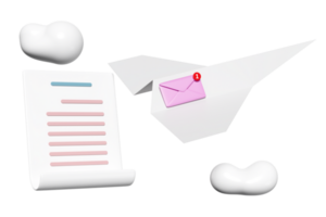 3d papier vlak met vliegend Gesloten envelop, Vleugels, wolk, klembord wit checklist papier geïsoleerd. informeren nieuwsbrief, online inkomend e-mail concept, 3d geven illustratie png