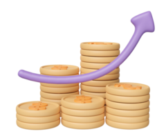 3d gráficos, grafico con flecha, monedas pila aislado. análisis negocio financiero datos, negocio estrategia, crecimiento concepto, 3d hacer ilustración png