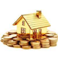 Gold coins shaped house. photo