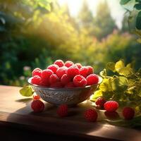 Raspberry in a bowl on garden background. photo