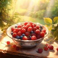Raspberry in a bowl on garden background. photo