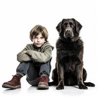 Kid boy with dog on white background. photo