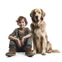 niño chico con perro en blanco antecedentes. generativo ai foto